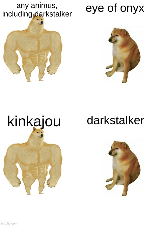 any animus, including darkstalker eye of onyx kinkajou darkstalker | image tagged in memes,buff doge vs cheems | made w/ Imgflip meme maker