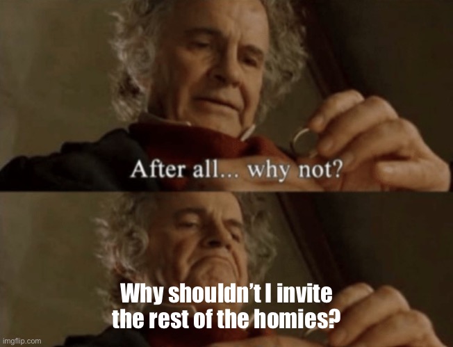 Why shouldn't I start a chaotic party | Why shouldn’t I invite the rest of the homies? | image tagged in after all why not | made w/ Imgflip meme maker