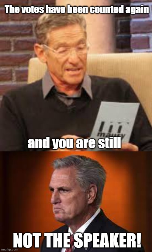 You are still NOT the Speaker! | The votes have been counted again; and you are still; NOT THE SPEAKER! | image tagged in maury povich,kevin mccarthy,congress,loser,speaker | made w/ Imgflip meme maker
