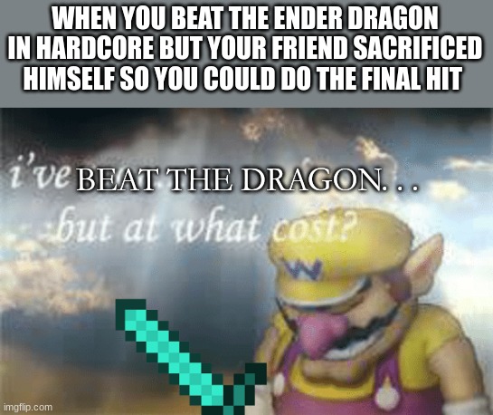 RIP Friend | WHEN YOU BEAT THE ENDER DRAGON IN HARDCORE BUT YOUR FRIEND SACRIFICED HIMSELF SO YOU COULD DO THE FINAL HIT; BEAT THE DRAGON. . . | image tagged in i've won but at what cost | made w/ Imgflip meme maker