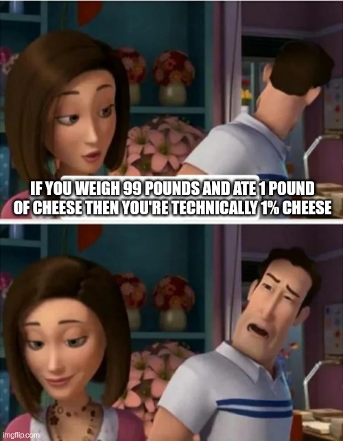 Flawed Logic (blank) | IF YOU WEIGH 99 POUNDS AND ATE 1 POUND OF CHEESE THEN YOU'RE TECHNICALLY 1% CHEESE | image tagged in flawed logic blank | made w/ Imgflip meme maker