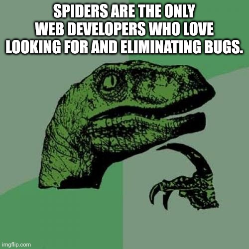 Computer meme. So i tried alright? | SPIDERS ARE THE ONLY WEB DEVELOPERS WHO LOVE LOOKING FOR AND ELIMINATING BUGS. | image tagged in memes,philosoraptor | made w/ Imgflip meme maker