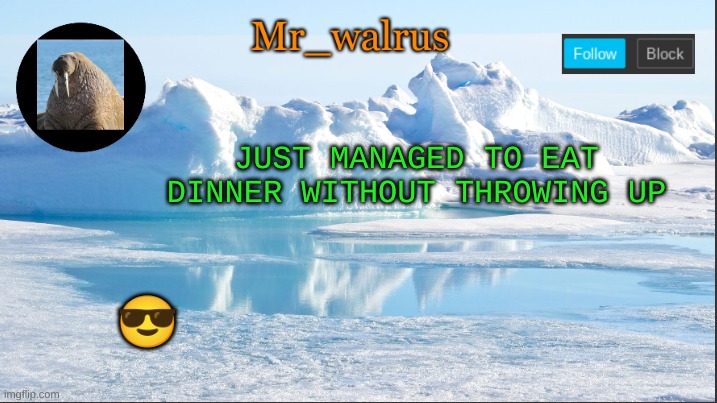 Mr_walrus | JUST MANAGED TO EAT DINNER WITHOUT THROWING UP; 😎 | image tagged in mr_walrus | made w/ Imgflip meme maker