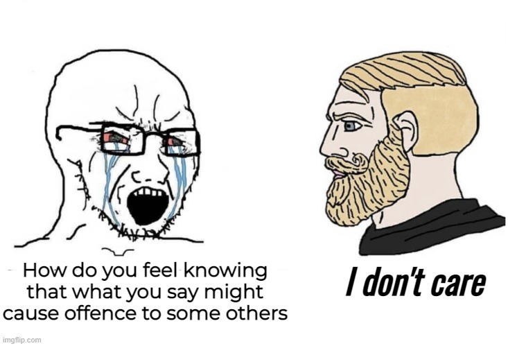 There's a difference between being a twat and having a different opinion. Either way It's not my problem if you're offended | How do you feel knowing that what you say might cause offence to some others; I don't care | image tagged in soyboy vs yes chad | made w/ Imgflip meme maker