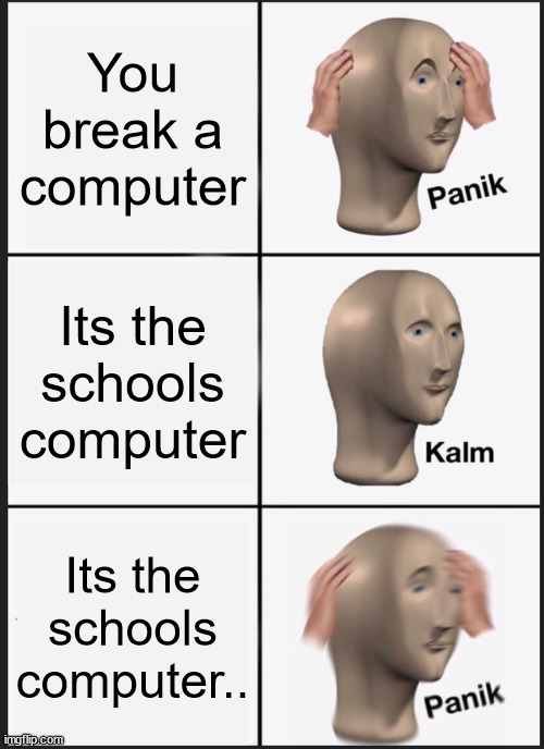 Hope you have money! | You break a computer; Its the schools computer; Its the schools computer.. | image tagged in memes,panik kalm panik | made w/ Imgflip meme maker