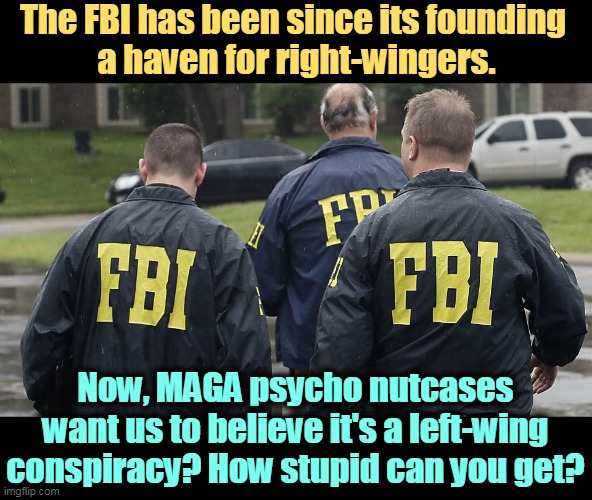 The FBI has been since its founding 
a haven for right-wingers. Now, MAGA psycho nutcases want us to believe it's a left-wing conspiracy? How stupid can you get? | image tagged in fbi,right wing,forever,maga,psycho,nutcase | made w/ Imgflip meme maker