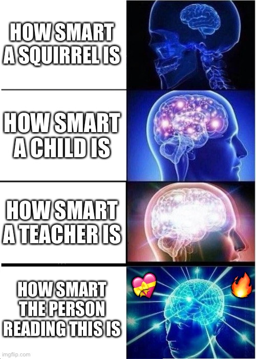 Genius!! | HOW SMART A SQUIRREL IS; HOW SMART A CHILD IS; HOW SMART A TEACHER IS; 🔥; 💝; HOW SMART THE PERSON READING THIS IS | image tagged in memes,expanding brain,wholesome | made w/ Imgflip meme maker