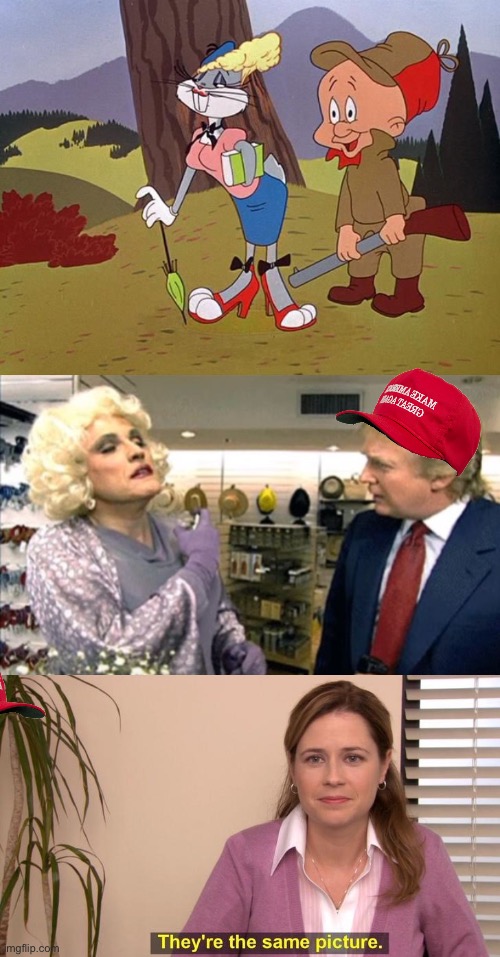 image tagged in bugs bunny in drag,rudy giuliani in drag with donald trump,they're the same picture isolated | made w/ Imgflip meme maker