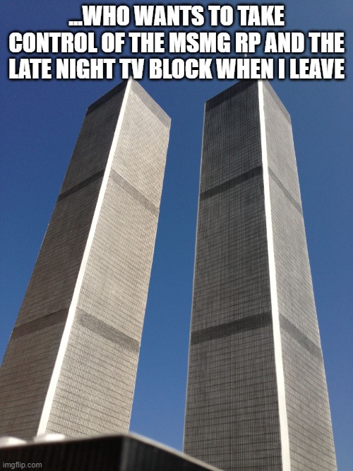 Twin Towers | ...WHO WANTS TO TAKE CONTROL OF THE MSMG RP AND THE LATE NIGHT TV BLOCK WHEN I LEAVE | image tagged in twin towers | made w/ Imgflip meme maker