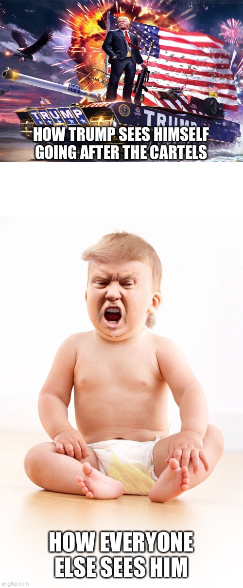 HOW TRUMP SEES HIMSELF GOING AFTER THE CARTELS HOW EVERYONE ELSE SEES HIM | image tagged in trump tank,donald trump infant in wet diaper | made w/ Imgflip meme maker