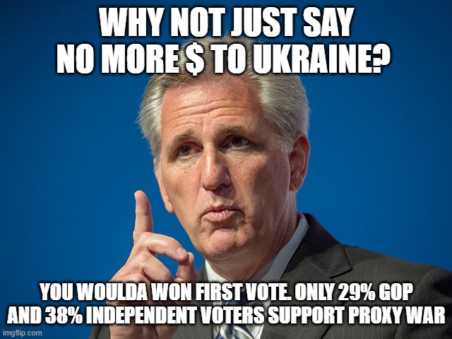 just say no to zelenskyy | WHY NOT JUST SAY NO MORE $ TO UKRAINE? YOU WOULDA WON FIRST VOTE. ONLY 29% GOP AND 38% INDEPENDENT VOTERS SUPPORT PROXY WAR | image tagged in kevin mccarthy | made w/ Imgflip meme maker