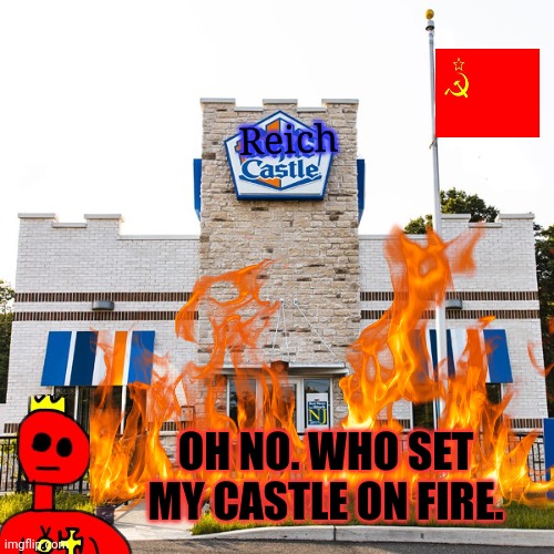 Oops. It was an accident (Reich note: why did you burn down Berlin?) | Reich; OH NO. WHO SET MY CASTLE ON FIRE. | image tagged in accident,burn it down,reich,castle | made w/ Imgflip meme maker