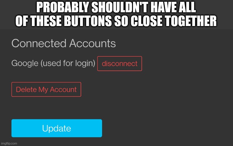 I'm sure a couple users accidentally clicked delete | PROBABLY SHOULDN'T HAVE ALL OF THESE BUTTONS SO CLOSE TOGETHER | made w/ Imgflip meme maker