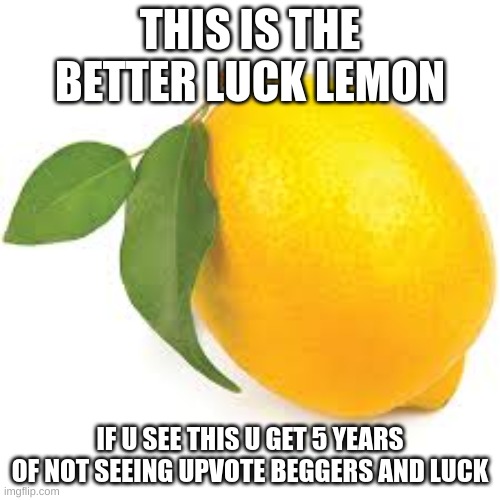 THE BETTER LEMON | THIS IS THE BETTER LUCK LEMON; IF U SEE THIS U GET 5 YEARS OF NOT SEEING UPVOTE BEGGERS AND LUCK | image tagged in lemon,lucky,upvote begging | made w/ Imgflip meme maker