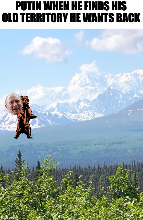 Alaska, Putin wants it back to have fun with even more bears | PUTIN WHEN HE FINDS HIS OLD TERRITORY HE WANTS BACK | image tagged in alaska,putin,love for bears,love,for,bears | made w/ Imgflip meme maker