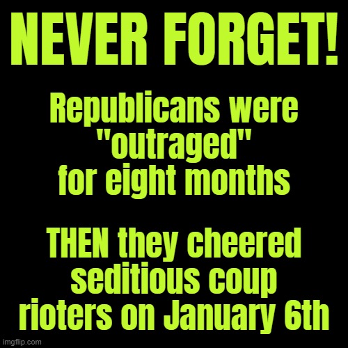 NEVER forget!! | NEVER FORGET! Republicans were
"outraged"
for eight months; THEN they cheered
seditious coup
rioters on January 6th | image tagged in black square | made w/ Imgflip meme maker
