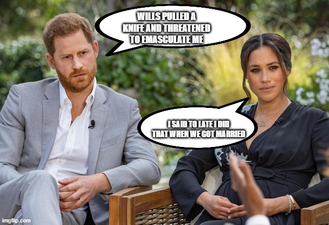 Harry and Meghan | WILLS PULLED A KNIFE AND THREATENED TO EMASCULATE ME; I SAID TO LATE I DID THAT WHEN WE GOT MARRIED | image tagged in harry and meghan | made w/ Imgflip meme maker