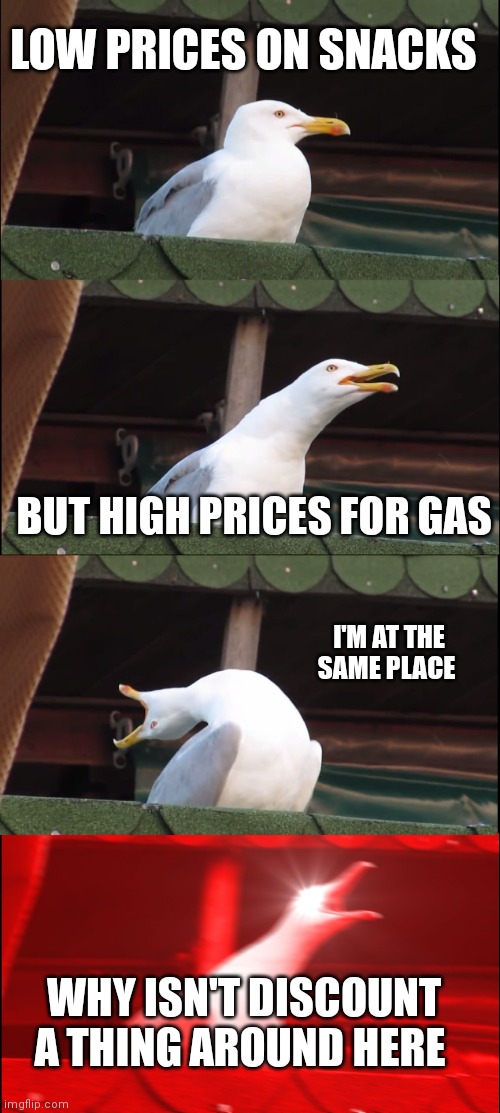 Gas stations are now the expensive place to be | LOW PRICES ON SNACKS; BUT HIGH PRICES FOR GAS; I'M AT THE SAME PLACE; WHY ISN'T DISCOUNT A THING AROUND HERE | image tagged in memes,inhaling seagull,funny memes | made w/ Imgflip meme maker