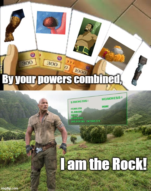 By your powers combined, I am the Rock! | image tagged in yugioh exodia,the rock,marvel,patrick star,the boulder,sesame street | made w/ Imgflip meme maker