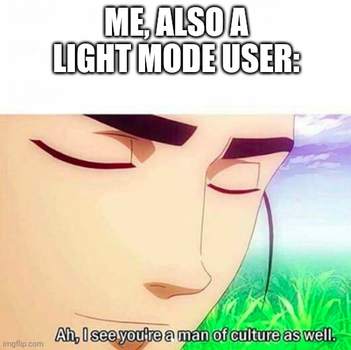 Ah,I see you are a man of culture as well | ME, ALSO A LIGHT MODE USER: | image tagged in ah i see you are a man of culture as well | made w/ Imgflip meme maker