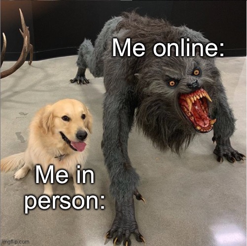 I have two sides | Me online:; Me in person: | image tagged in dog vs werewolf,mental health,bullies | made w/ Imgflip meme maker