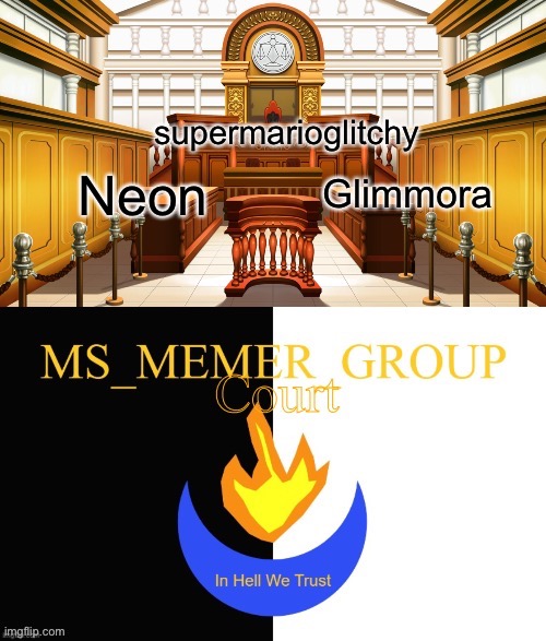 Glimmora sued neon. Mareeep is the judge | supermarioglitchy; Neon; Glimmora | image tagged in msmg court | made w/ Imgflip meme maker