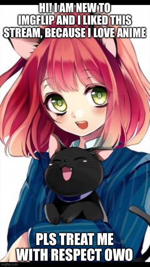Hello! | HI! I AM NEW TO IMGFLIP AND I LIKED THIS STREAM, BECAUSE I LOVE ANIME; PLS TREAT ME WITH RESPECT OWO | image tagged in anime catgirl and her cat | made w/ Imgflip meme maker