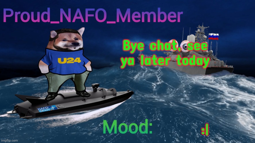 Proud_NAFO_Member annoucment template | Bye chat, see ya later today; :| | image tagged in proud_nafo_member annoucment template | made w/ Imgflip meme maker
