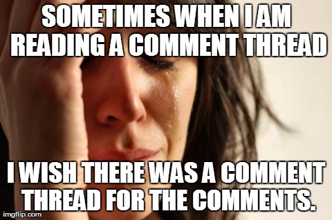 First World Problems Meme | SOMETIMES WHEN I AM READING A COMMENT THREAD I WISH THERE WAS A COMMENT THREAD FOR THE COMMENTS. | image tagged in memes,first world problems | made w/ Imgflip meme maker