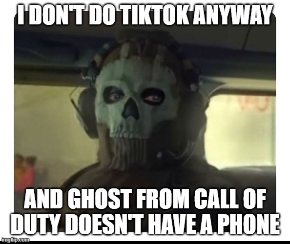 I DON'T DO TIKTOK ANYWAY AND GHOST FROM CALL OF DUTY DOESN'T HAVE A PHONE | image tagged in ghost staring | made w/ Imgflip meme maker