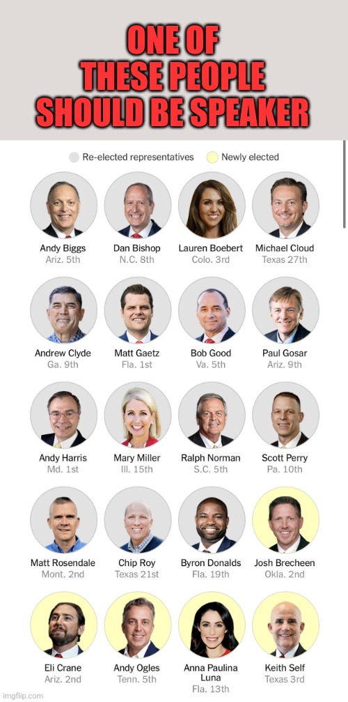 I would choose Matt Gaetz or Lauren Boebert | ONE OF THESE PEOPLE SHOULD BE SPEAKER | image tagged in politicians,congress,speaker | made w/ Imgflip meme maker