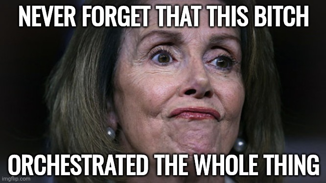 May she burn in hell. | NEVER FORGET THAT THIS BITCH; ORCHESTRATED THE WHOLE THING | image tagged in pelosi with gas | made w/ Imgflip meme maker