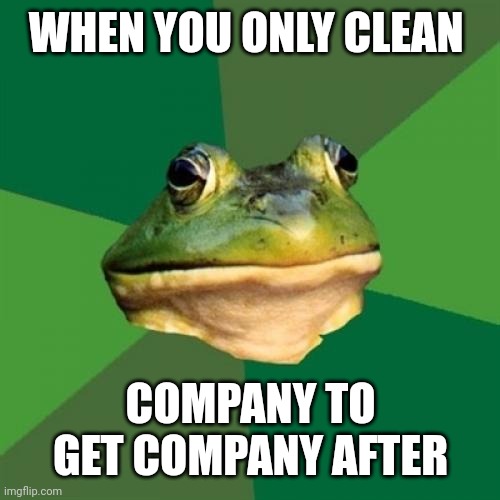 Foul Bachelor Frog Meme | WHEN YOU ONLY CLEAN; COMPANY TO GET COMPANY AFTER | image tagged in memes,foul bachelor frog | made w/ Imgflip meme maker