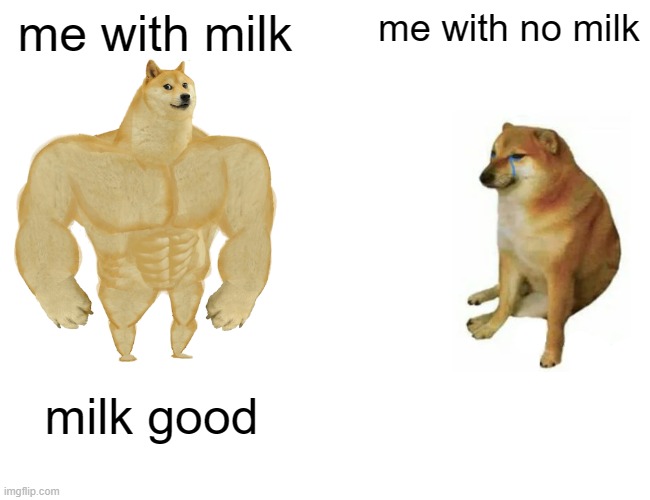 Buff Doge vs. Cheems | me with milk; me with no milk; milk good | image tagged in memes,buff doge vs cheems | made w/ Imgflip meme maker