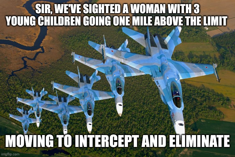 MIG-29 formation | SIR, WE'VE SIGHTED A WOMAN WITH 3 YOUNG CHILDREN GOING ONE MILE ABOVE THE LIMIT MOVING TO INTERCEPT AND ELIMINATE | image tagged in mig-29 formation | made w/ Imgflip meme maker