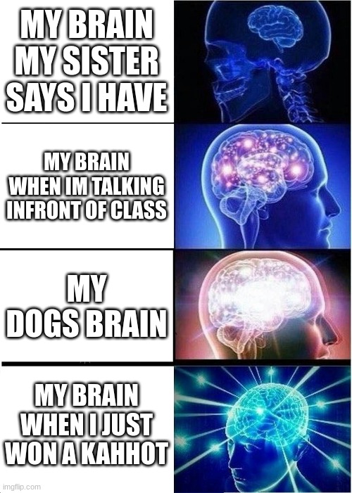 Expanding Brain | MY BRAIN MY SISTER SAYS I HAVE; MY BRAIN WHEN IM TALKING INFRONT OF CLASS; MY DOGS BRAIN; MY BRAIN WHEN I JUST WON A KAHHOT | image tagged in memes,expanding brain | made w/ Imgflip meme maker