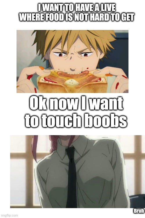 Chainsaw Man Meme |  I WANT TO HAVE A LIVE WHERE FOOD IS NOT HARD TO GET; Ok now I want to touch boobs; Bruh | image tagged in memes,anime,oh wow are you actually reading these tags | made w/ Imgflip meme maker