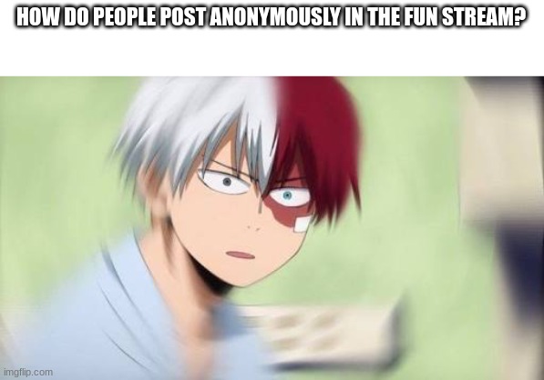 i've seen people do it, even though it's not allowed | HOW DO PEOPLE POST ANONYMOUSLY IN THE FUN STREAM? | image tagged in todoroki confused af | made w/ Imgflip meme maker