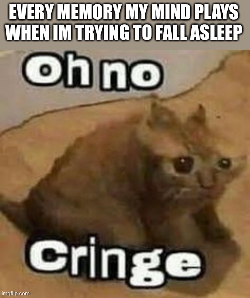 I hate it when this happens | EVERY MEMORY MY MIND PLAYS WHEN IM TRYING TO FALL ASLEEP | image tagged in oh no cringe | made w/ Imgflip meme maker