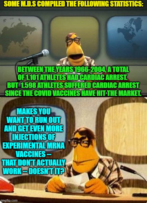 Just some statistical food for thought. | SOME M.D.S COMPILED THE FOLLOWING STATISTICS:; BETWEEN THE YEARS 1966-2004, A TOTAL OF 1.101 ATHLETES HAD CARDIAC ARREST.  BUT  1.598 ATHLETES SUFFERED CARDIAC ARREST SINCE THE COVID VACCINES HAVE HIT THE MARKET. MAKES YOU WANT TO RUN OUT AND GET EVEN MORE INJECTIONS OF EXPERIMENTAL MRNA VACCINES -- THAT DON'T ACTUALLY WORK -- DOESN'T IT? | image tagged in muppet news flash | made w/ Imgflip meme maker