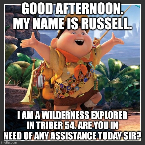 Russell from up  | GOOD AFTERNOON. MY NAME IS RUSSELL. I AM A WILDERNESS EXPLORER IN TRIBER 54. ARE YOU IN NEED OF ANY ASSISTANCE TODAY SIR? | image tagged in russell from up | made w/ Imgflip meme maker