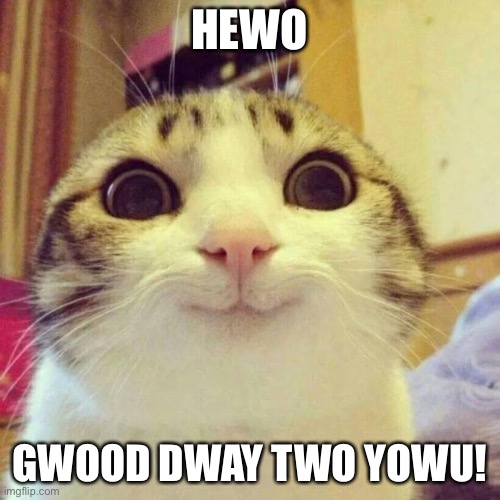 UwU | HEWO; GWOOD DWAY TWO YOWU! | image tagged in memes,smiling cat | made w/ Imgflip meme maker