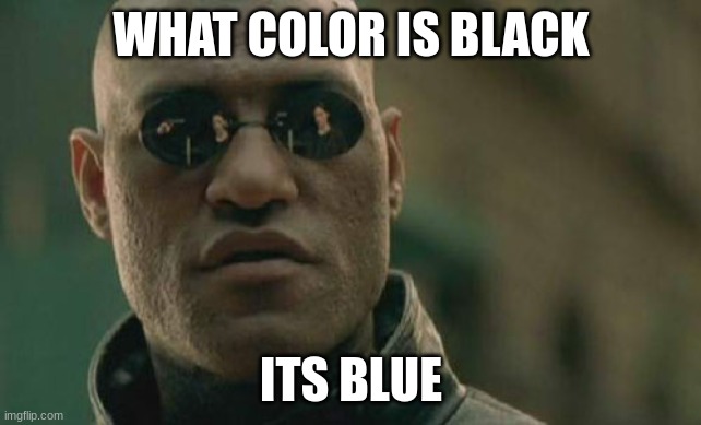 Matrix Morpheus Meme | WHAT COLOR IS BLACK; ITS BLUE | image tagged in memes,matrix morpheus | made w/ Imgflip meme maker