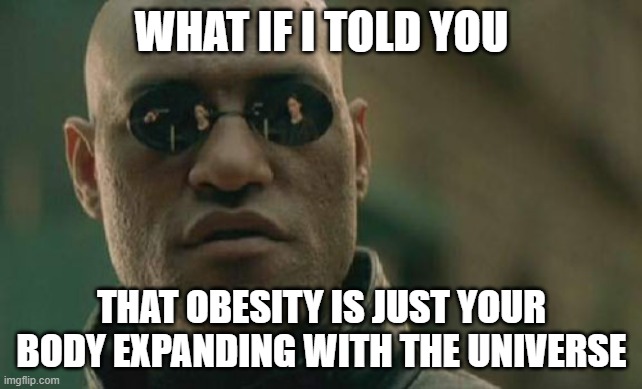 you're not fat, just expanding slower than the speed of light | WHAT IF I TOLD YOU; THAT OBESITY IS JUST YOUR BODY EXPANDING WITH THE UNIVERSE | image tagged in memes,matrix morpheus | made w/ Imgflip meme maker