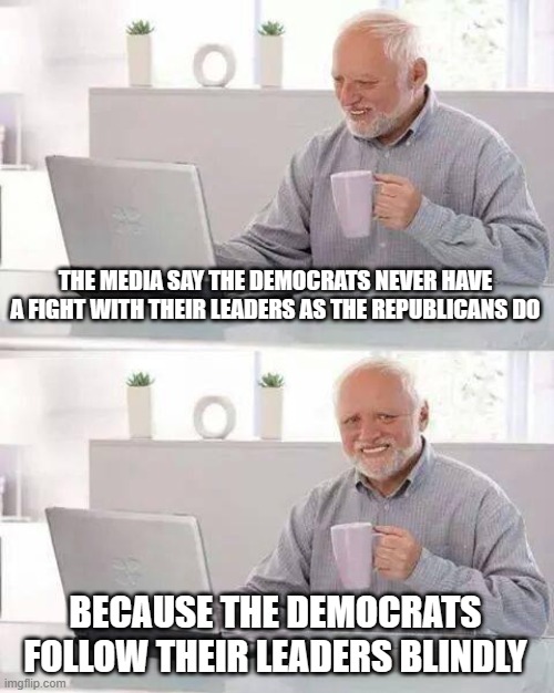 Hide the Pain Harold Meme | THE MEDIA SAY THE DEMOCRATS NEVER HAVE A FIGHT WITH THEIR LEADERS AS THE REPUBLICANS DO; BECAUSE THE DEMOCRATS FOLLOW THEIR LEADERS BLINDLY | image tagged in memes,hide the pain harold | made w/ Imgflip meme maker