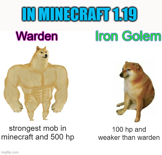 the normal in minecraft | IN MINECRAFT 1.19; Iron Golem; Warden; strongest mob in minecraft and 500 hp; 100 hp and weaker than warden | image tagged in memes,buff doge vs cheems | made w/ Imgflip meme maker