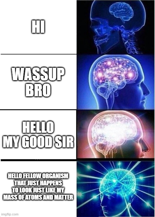 Expanding Brain Meme | HI; WASSUP BRO; HELLO MY GOOD SIR; HELLO FELLOW ORGANISM THAT JUST HAPPENS TO LOOK JUST LIKE MY MASS OF ATOMS AND MATTER | image tagged in memes,expanding brain | made w/ Imgflip meme maker