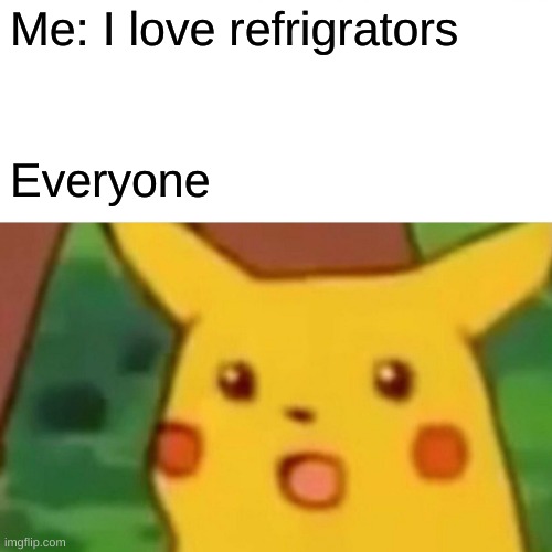 DA WEIRD | Me: I love refrigrators; Everyone | image tagged in memes,surprised pikachu | made w/ Imgflip meme maker