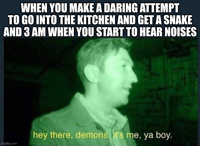 ... | WHEN YOU MAKE A DARING ATTEMPT TO GO INTO THE KITCHEN AND GET A SNAKE AND 3 AM WHEN YOU START TO HEAR NOISES | image tagged in hey there demons it's me ya boy,memes,funny,lol,meme | made w/ Imgflip meme maker