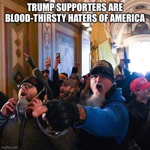 Capitol Traitors | TRUMP SUPPORTERS ARE BLOOD-THIRSTY HATERS OF AMERICA | image tagged in capitol traitors | made w/ Imgflip meme maker